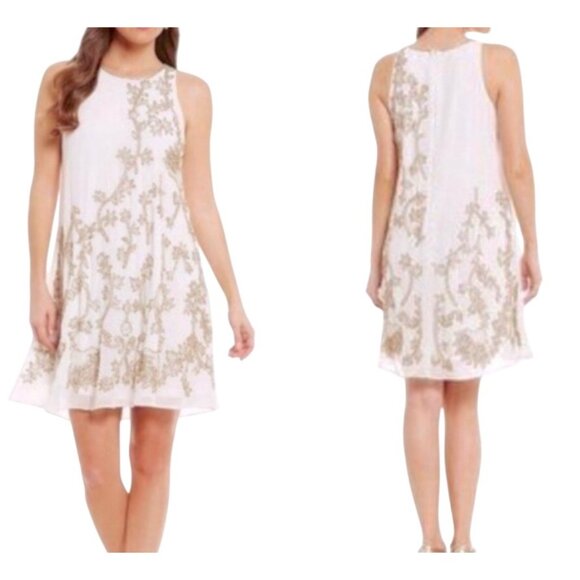 Badgley Mischka Beaded White & Gold High Neckline Swing Shift Style Dress Size 8 - Picture 1 of 12